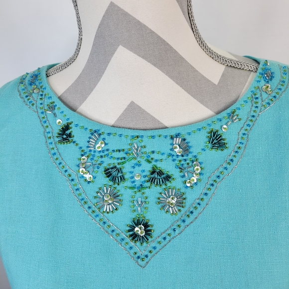 Jessica Howard Linen Blend Sleeveless Beaded Neckline Dress Size 12 Petite - Picture 2 of 11